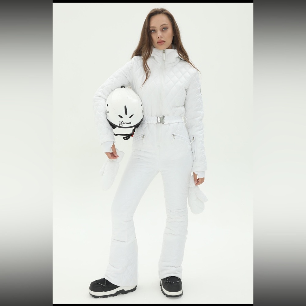 White Quilted Ski Suit with Belt